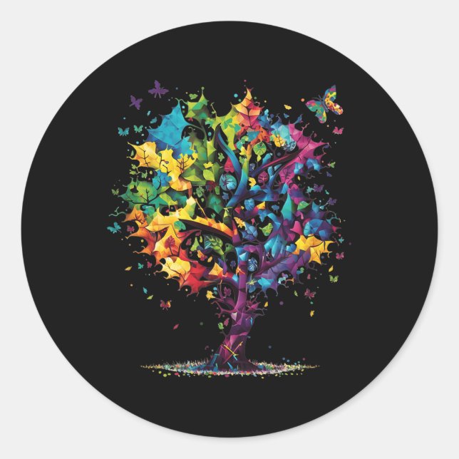Awareness Autism Puzzle Pieces Colourful Tree Neur Classic Round Sticker (Front)