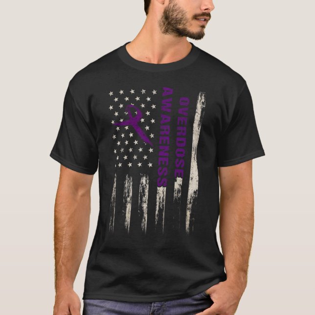 Awareness Flag Pruple Ribbon Addiction Recovery 2  T-Shirt (Front)