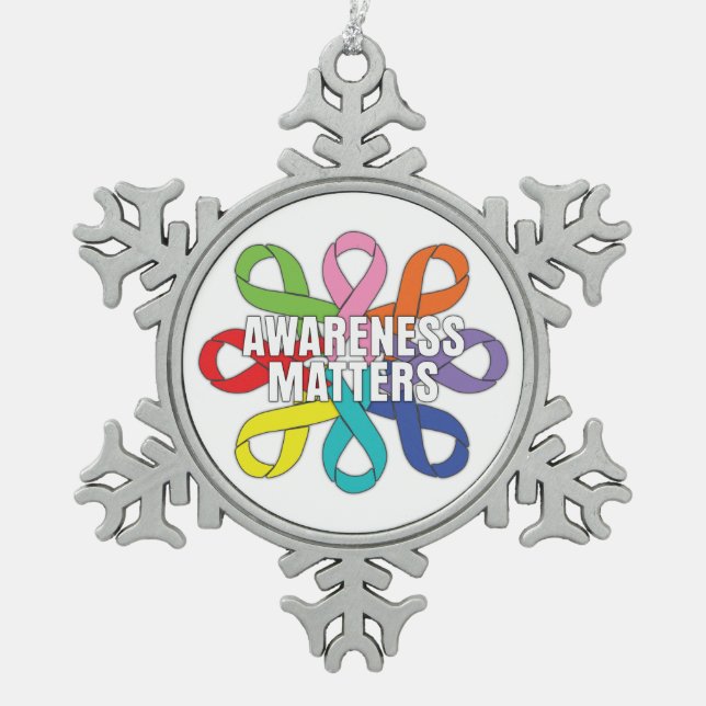Awareness Matters Colourful Ribbons Snowflake Pewter Christmas Ornament (Front)
