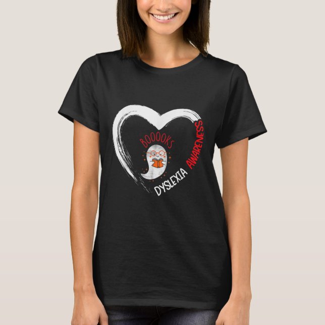 Awareness Reading Heart Wear Red Cute Ghost Book  T-Shirt (Front)