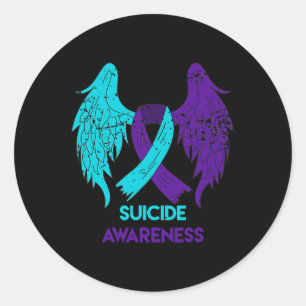 Awareness Wings And Ribbon Teal And Purple Classic Round Sticker
