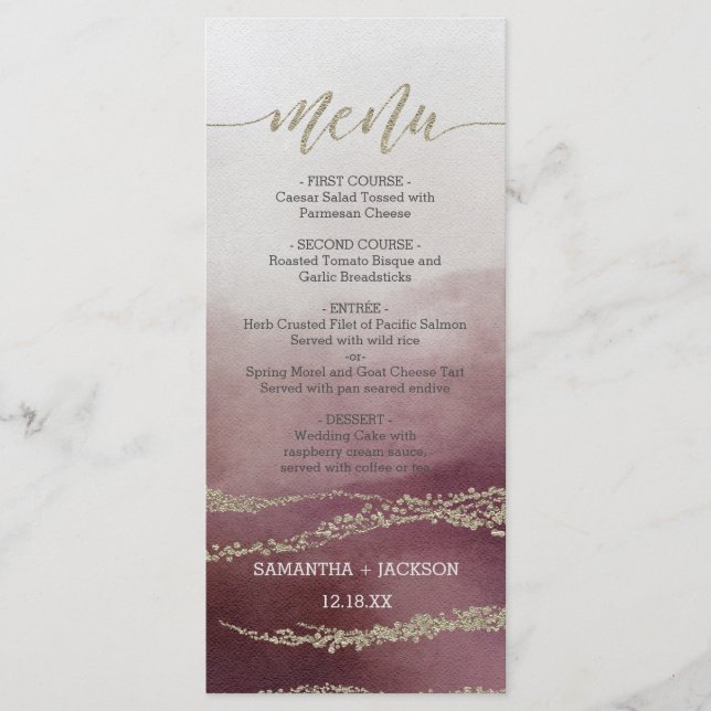Awash Elegant Watercolor Cranberry Wedding Menu (Front)