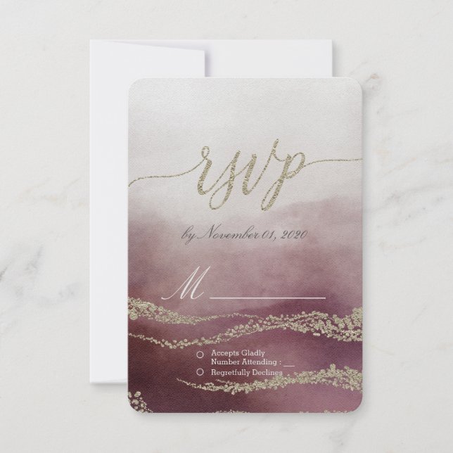 Awash Elegant Watercolor in Cranberry Wedding RSVP Card (Front)