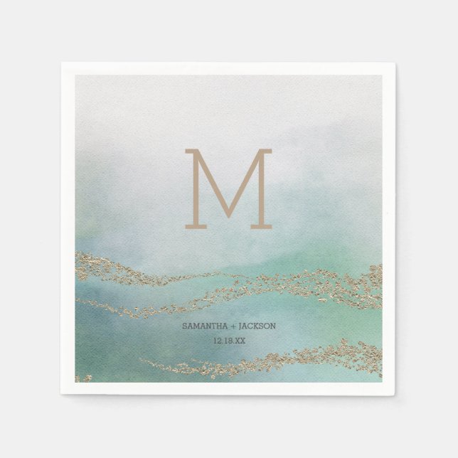 Awash Elegant Watercolor in Ocean Wedding Monogram Napkin (Front)