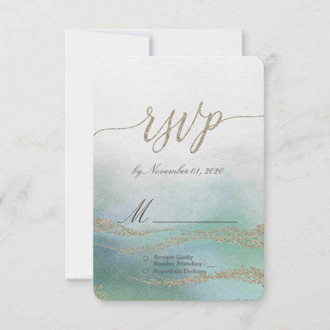 Awash Elegant Watercolor in Ocean Wedding RSVP Card (Front)