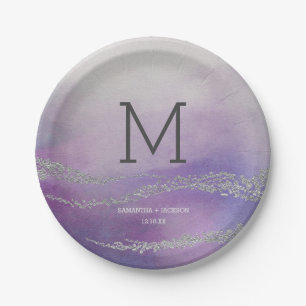Awash Elegant Watercolor Orchid Wedding Monogram Paper Plate