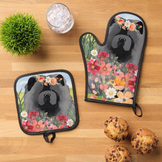 AWASH IN LIGHT Black - Blue  Chow Dog  shirts Oven Mitt & Pot Holder Set (Top Down)