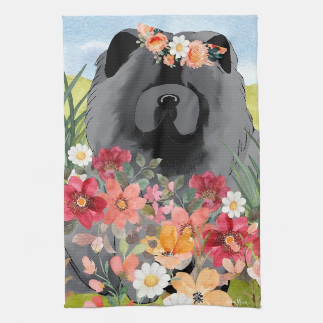 AWASH IN LIGHT Black - Blue  Chow Dog   Tea Towel (Vertical)