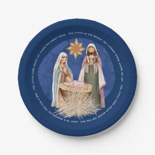 Away In A Manger Carol Lyrics Gold Nativity Blue Paper Plate