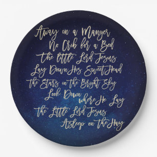 Away in A Manger Christmas Carol Midnight Blue Paper Plate
