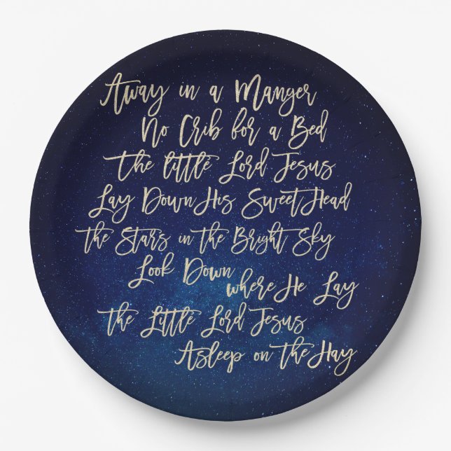 Away in A Manger Christmas Carol Midnight Blue Paper Plate (Front)