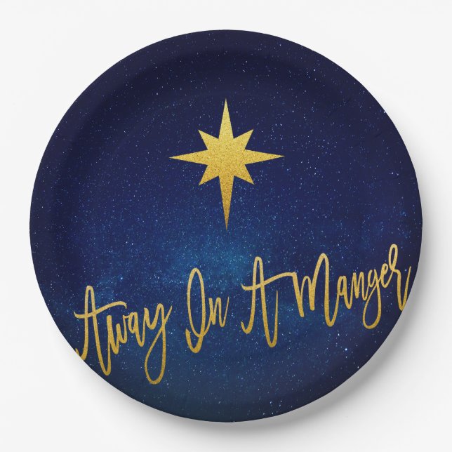 Away in A Manger Dark Blue Festive Starry Night Paper Plate (Front)