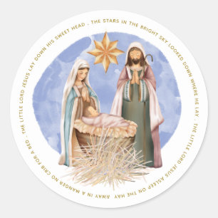 Away In A Manger Lyrics Nativity Gold Text White Classic Round Sticker