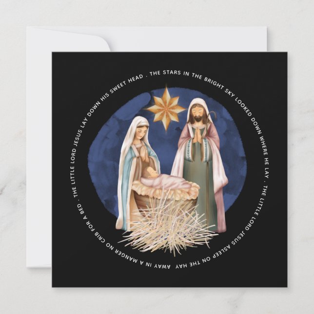 Away In A Manger Lyrics Nativity Scene Black Holiday Card (Front)