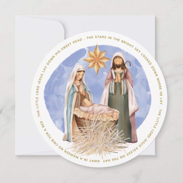 Away In A Manger Lyrics Nativity White Circular Holiday Card (Front)