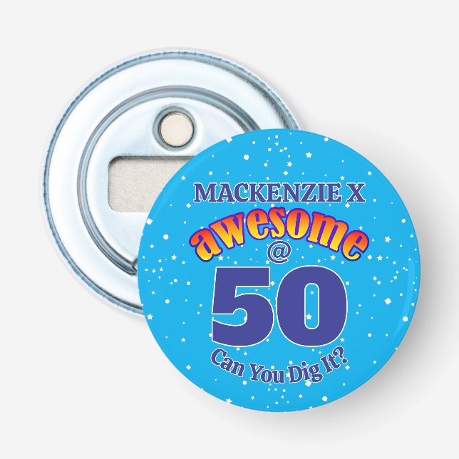 AWESOME 50 Light BLUE Birthday Bottle Opener (Front)