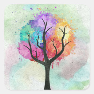 Awesome abstract pastel colours oil paint tree square sticker