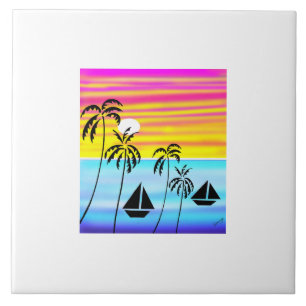 Awesome and Colourful Sunset Ocean Sailing  Tile