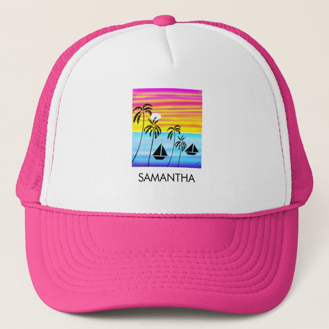 Awesome and Colourful Tropical Sunset Sailing  Trucker Hat (Front)