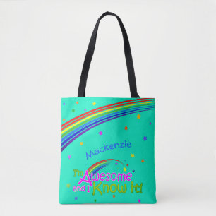 AWESOME and I Know it with Rainbow on AQUAMARINE Tote Bag