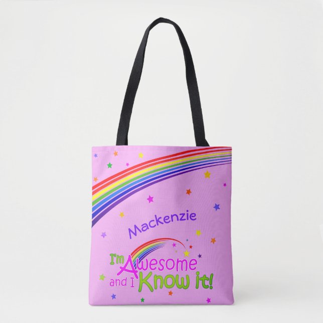 AWESOME and I Know it with Rainbow on VIOLET Tote Bag (Front)