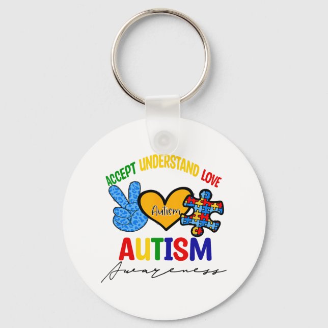 Awesome Autism Support Peace Love Accept Autism Aw Key Ring (Front)