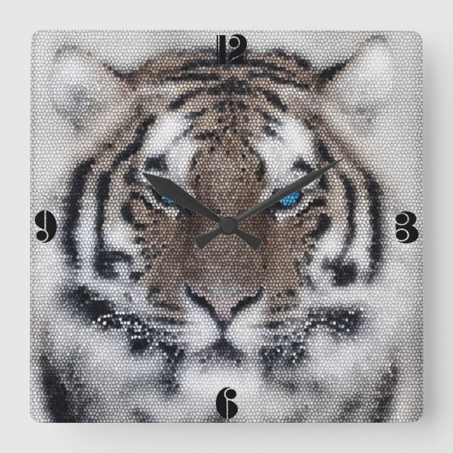 Awesome beautiful tiger blue eyes stained glass square wall clock (Front)