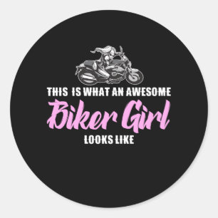 awesome biker girl classic round sticker
