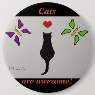 Awesome Black cat drawing, red heart, butterfly. 6 Cm Round Badge