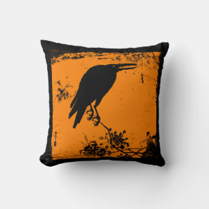 Awesome Black Raven on Orange Cushion