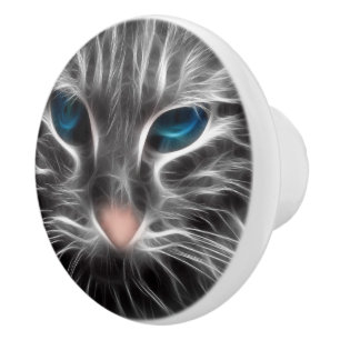 Awesome Blue Eyed Cat Face Ceramic Knob