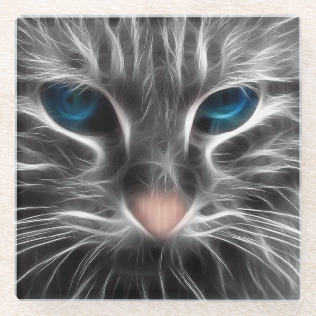 Awesome Blue Eyed Cat Face Glass Coaster (Front)