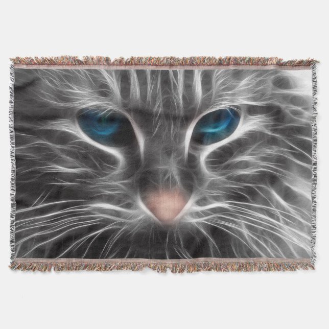 Awesome Blue Eyed Cat Face Throw Blanket (Front)