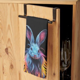 Awesome Blue Rabbit on Fire Tea Towel