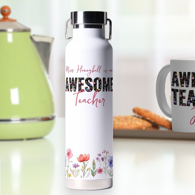 Awesome Bold Wildflower Text Floral Border Custom Water Bottle (Personalized Awesome Teacher water bottle from my Teacher Gifts Collection)