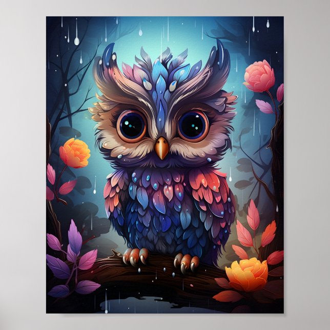 Awesome Colourful Owl With Big Black Eyes Cute Bir Poster (Front)