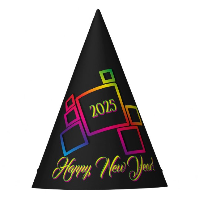 Awesome Colourful Squares on Black New Years Party Hat (Front)