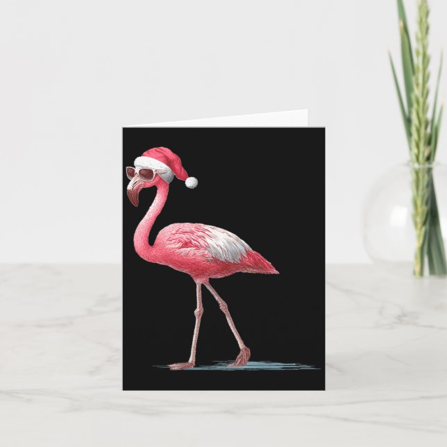 Awesome Cool Flamingo With Christmas Hat And Sungl Card (Front)