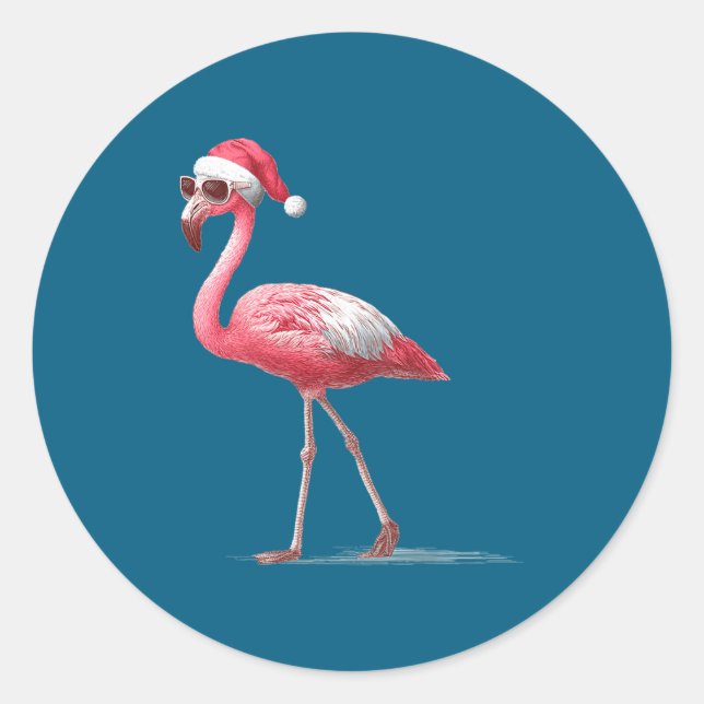 Awesome Cool Flamingo With Christmas Hat And Sungl Classic Round Sticker (Front)