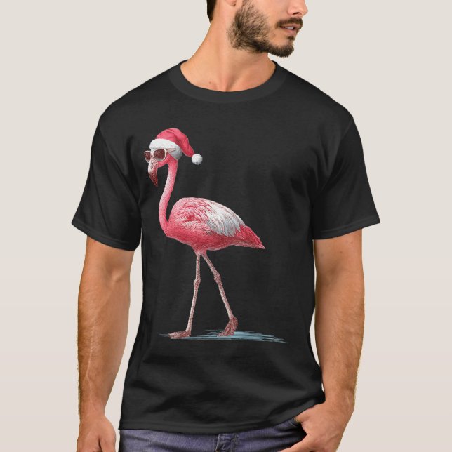 Awesome Cool Flamingo With Christmas Hat And Sungl T-Shirt (Front)