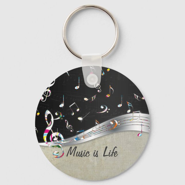 Awesome cool "Music is Life" colourful music notes Key Ring (Front)