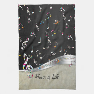 Awesome cool "Music is Life" colourful music notes Tea Towel
