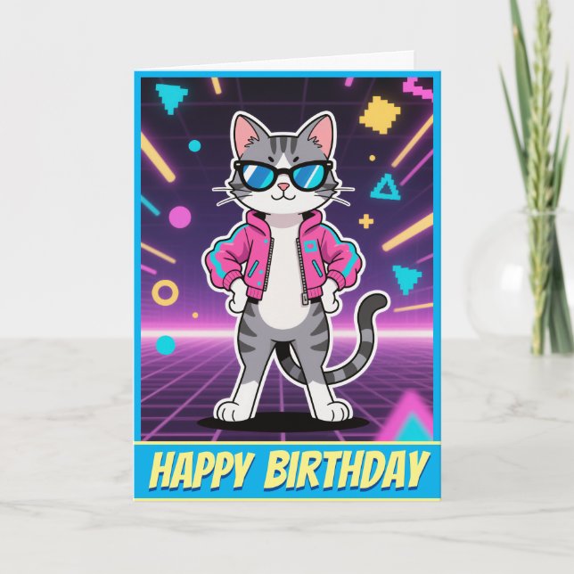 Awesome Cool Retro Gamer Cat Card (Front)
