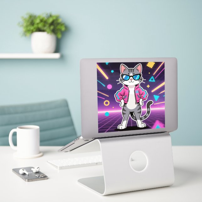 Awesome Cool Retro Gamer Cat Full Image (Laptop On Desk)