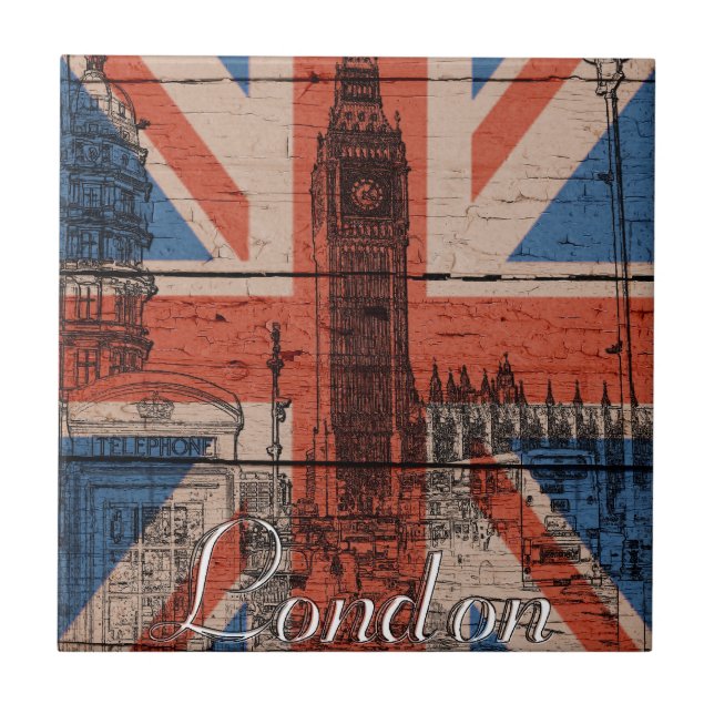 Awesome cool trendy old wood grunge U.k. flag Tile (Front)