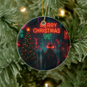 Awesome cyberpunk Christmas street Ceramic Tree Decoration