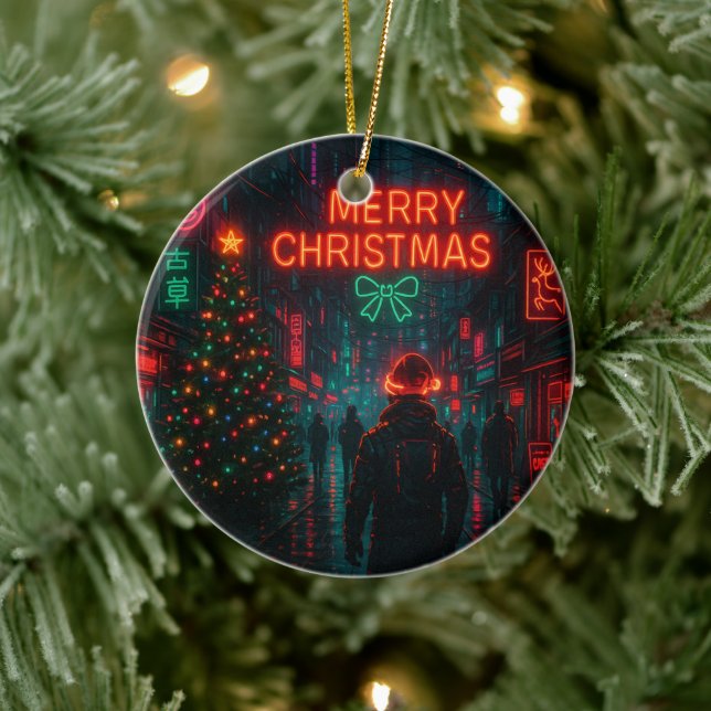Awesome cyberpunk Christmas street Ceramic Tree Decoration (Tree)