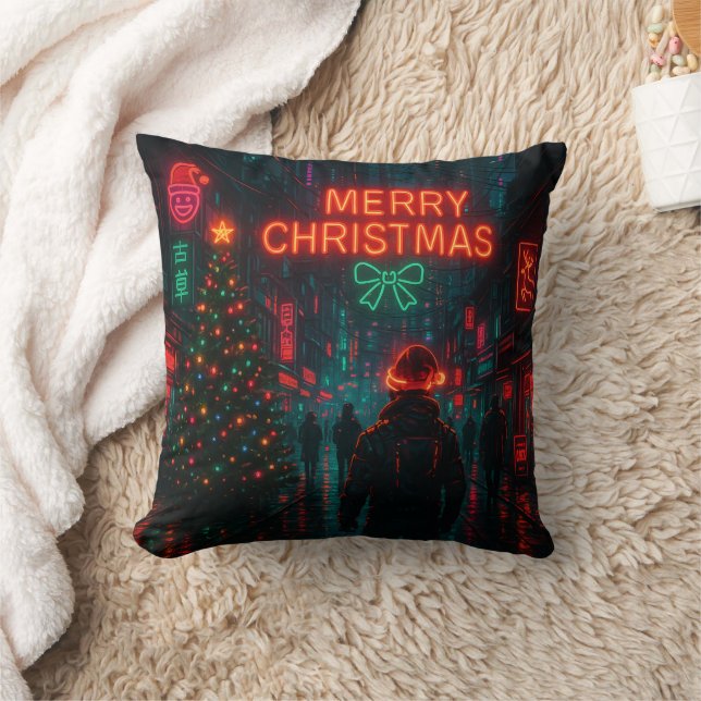 Awesome cyberpunk Christmas street Cushion (Blanket)