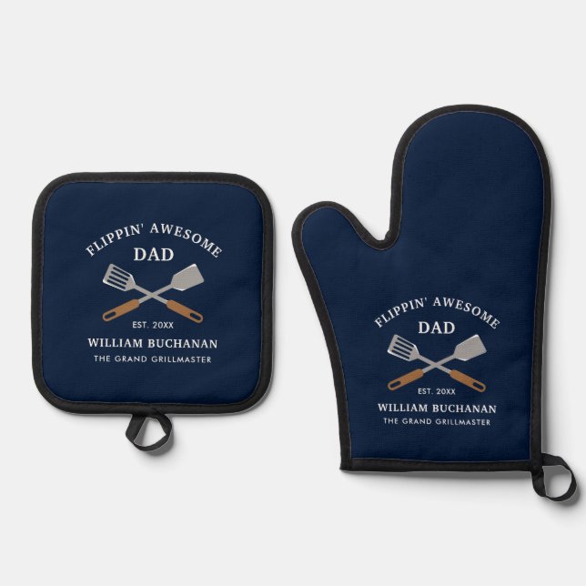 Awesome Dad BBQ Grill Chef Any Colour Oven Mitt & Pot Holder Set (Front)