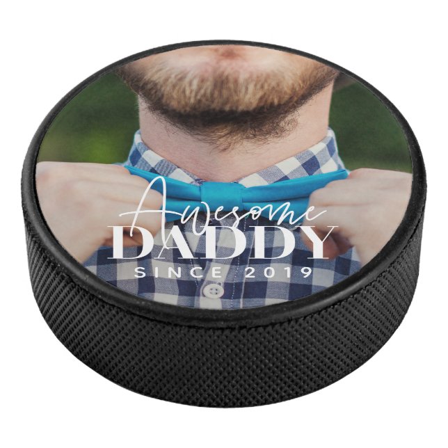 Awesome Daddy Since 20XX Simple Elegant Photo Hockey Puck (3/4)